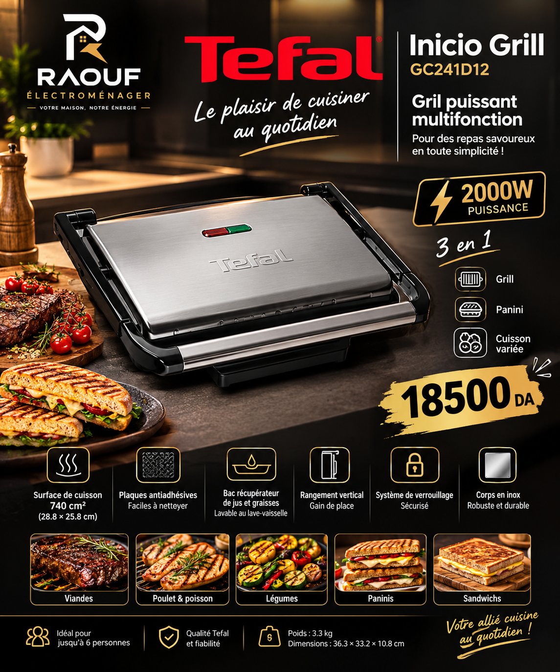 Gril Électrique Tefal Inicio Grill GC241D12 - 2000W