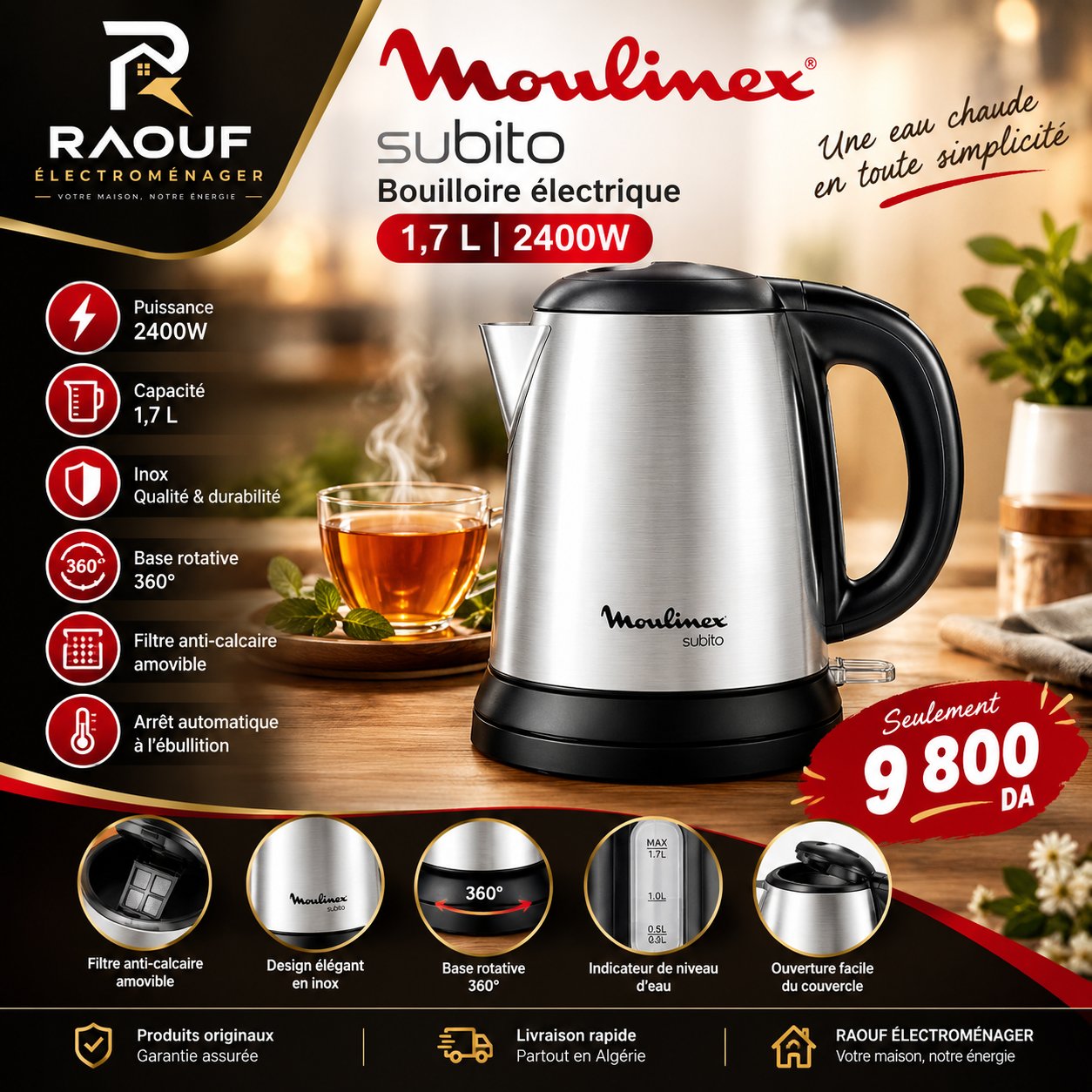 Bouilloire Électrique Moulinex Subito 1.7L - 2400W