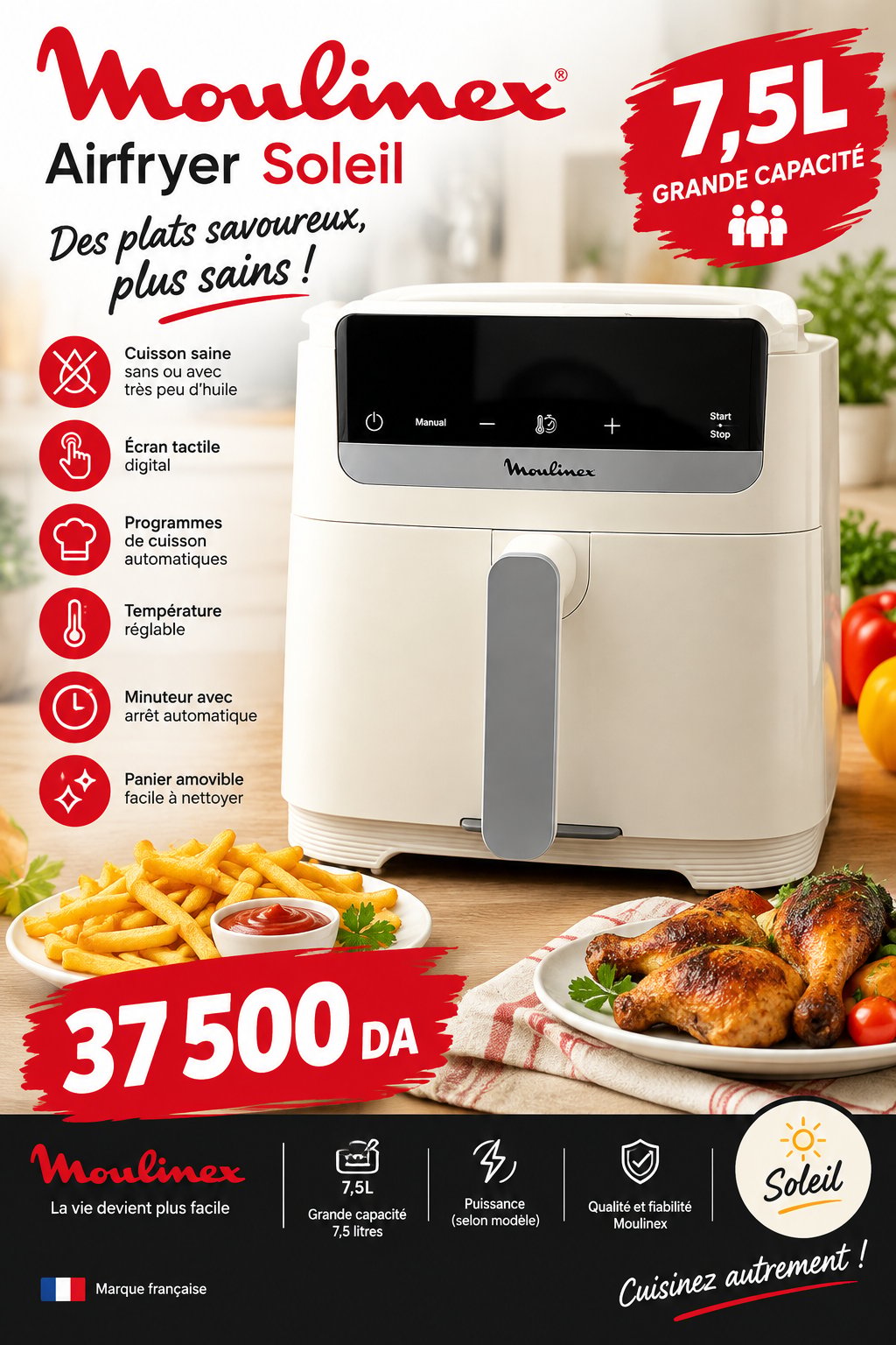 Airfryer Moulinex Soleil 7,5L – Friteuse à Air Chaud Grande Capacité