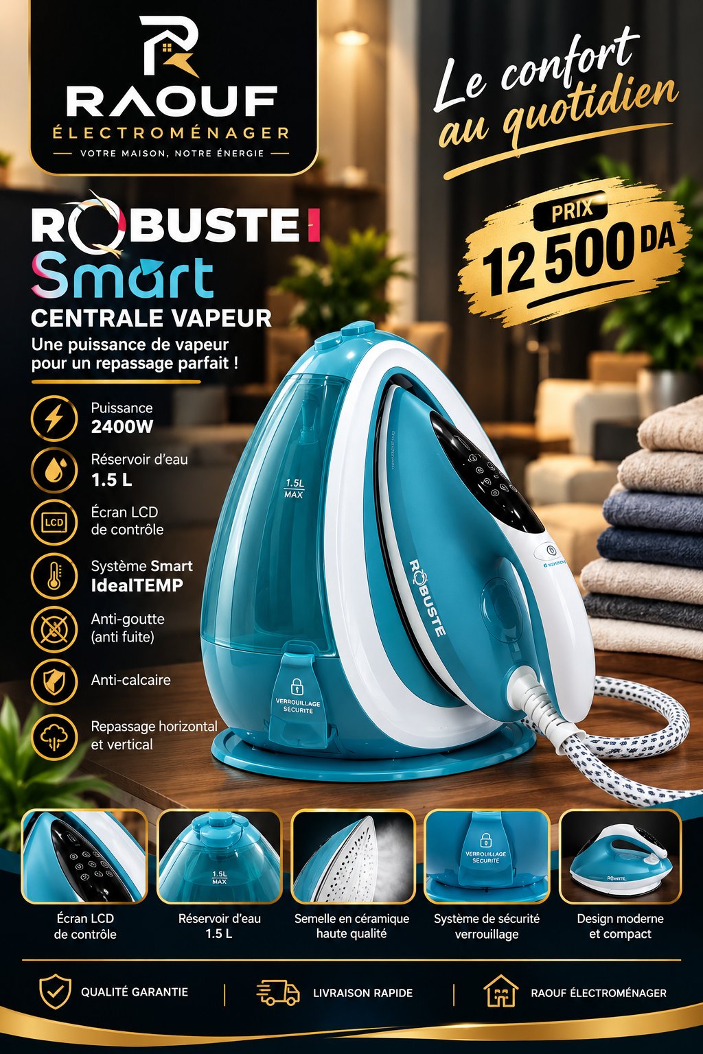 Centrale Vapeur ROBUSTE Smart 2400W – Réservoir 1.5L – Écran LCD