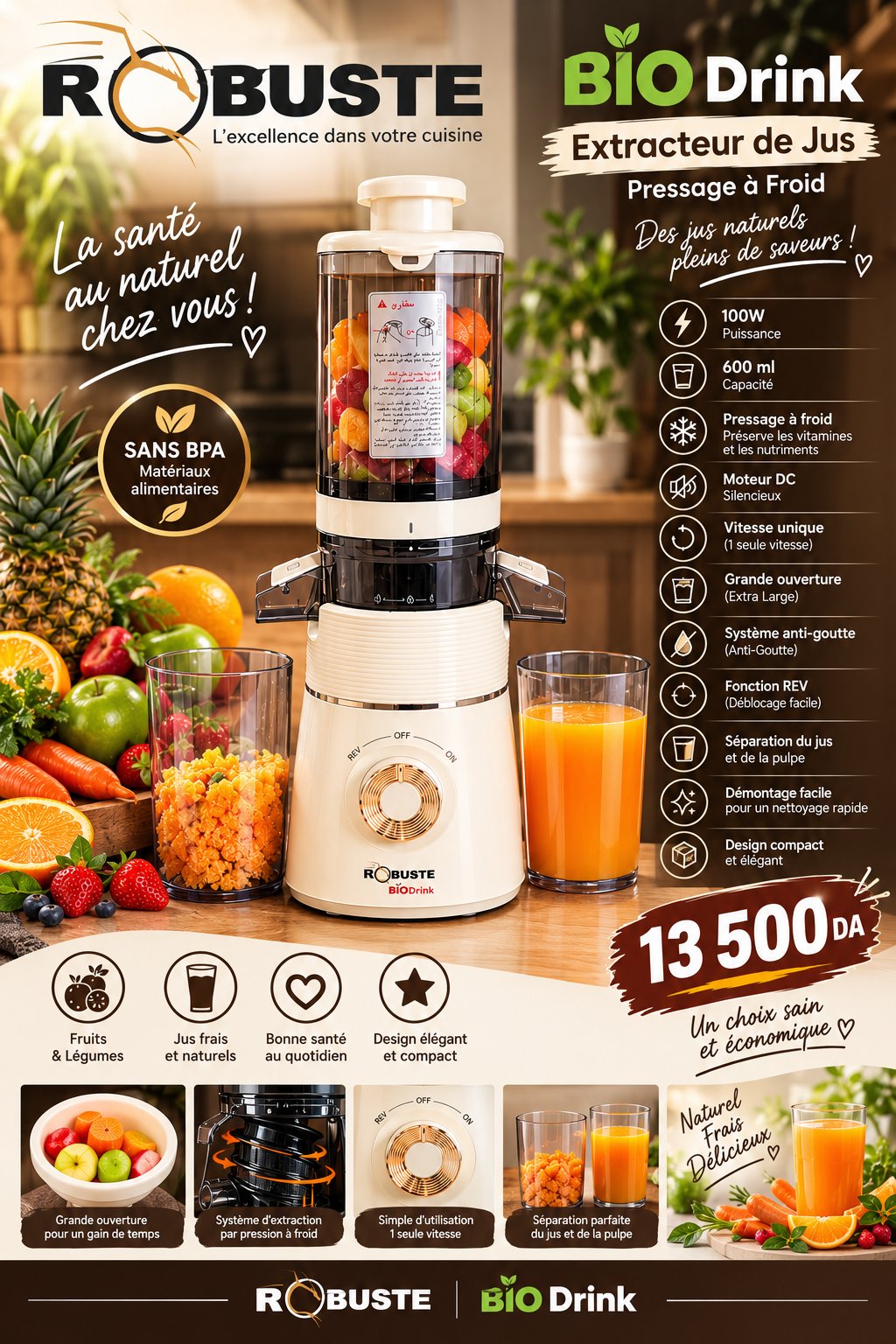 Extracteur de Jus ROBUSTE BIO Drink 100W – Pressage à Froid 600ML