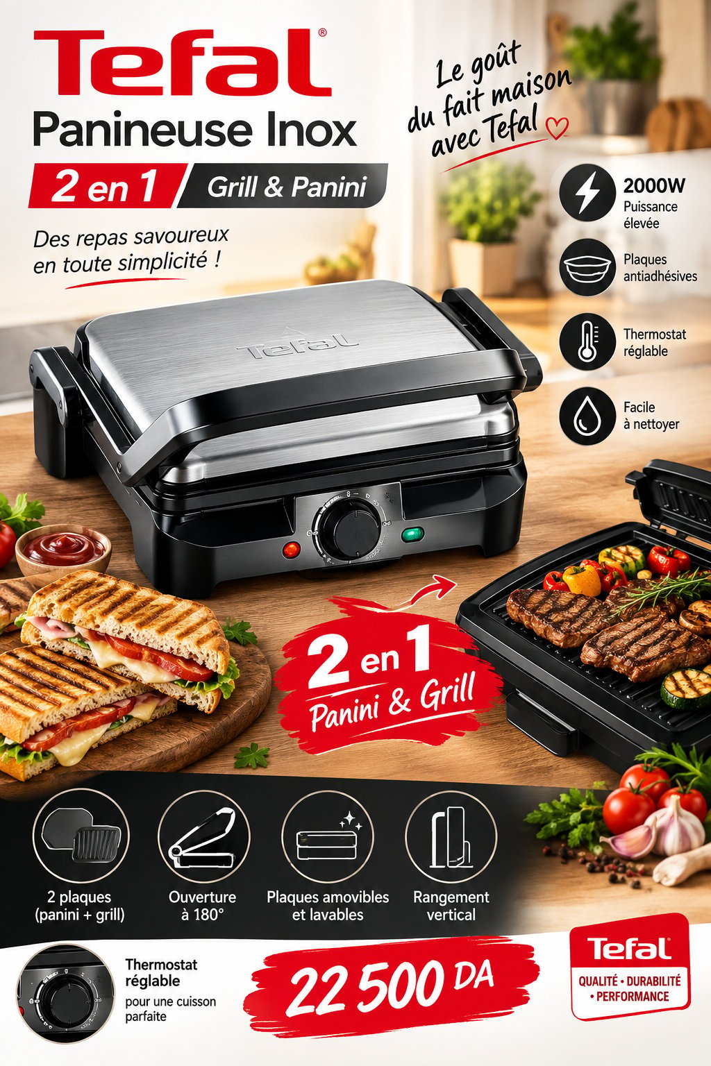 Panineuse Tefal Inox 2 en 1 – Grill & Panini 2000W