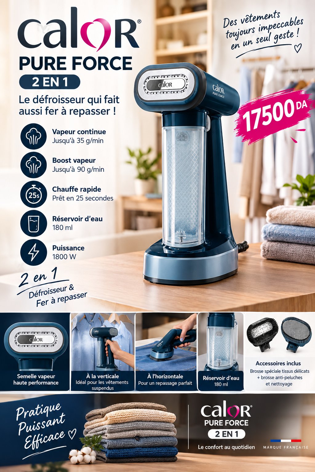 Défroisseur Vapeur Calor Pure Force 2 en 1 – 1800W