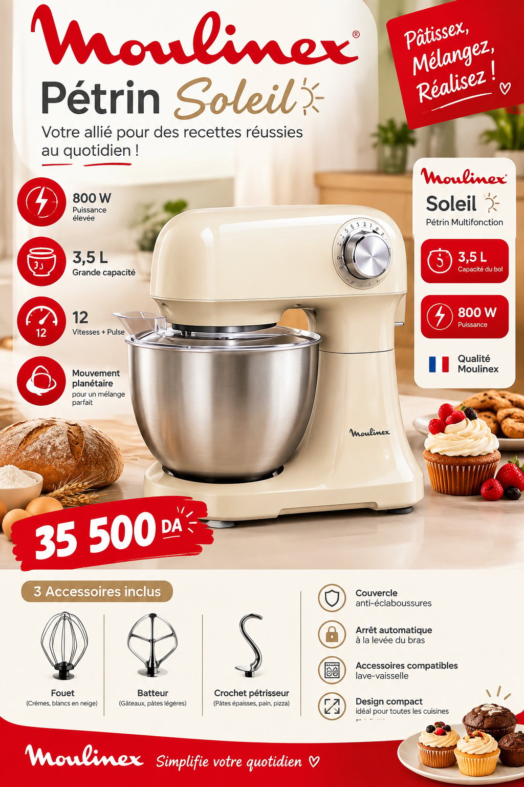 Pétrin Moulinex Soleil 800W – 3.5L – 12 Vitesses + Pulse