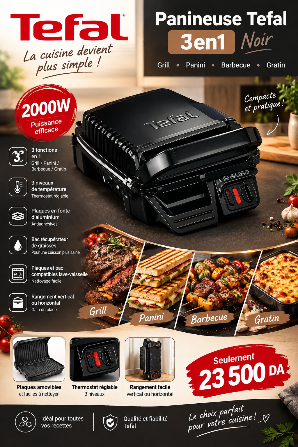Panineuse Tefal 3 en 1 Noir – Grill, Panini & Barbecue – 2000W