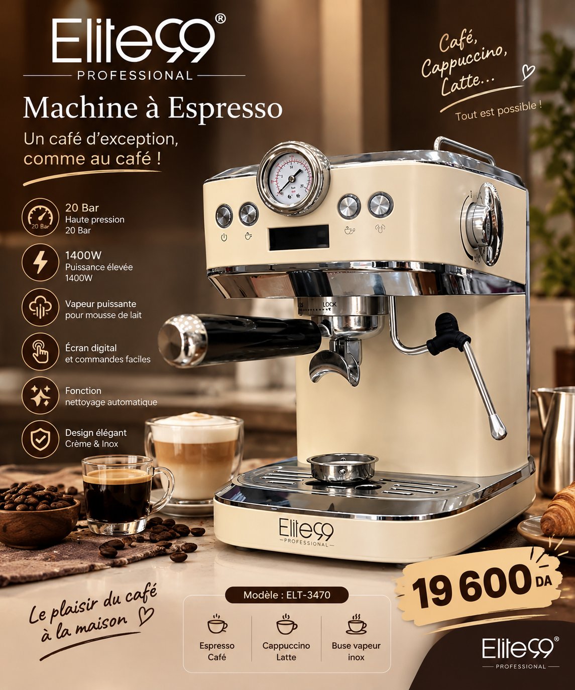 Machine à Espresso Elite99 Professional ELT-3470 – 20 Bar, 1400W