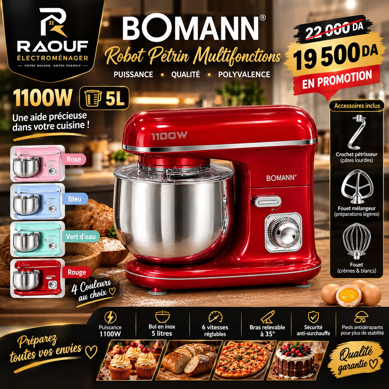 Robot Pétrin Multifonctions Bomann 1100W - 5L